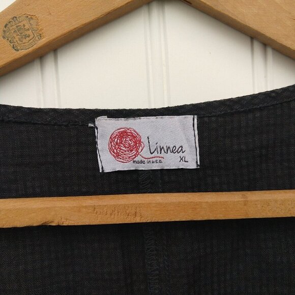 Linnea Women's Black Linen Blend Top Size XL Lagenlook Button Front Collared - Picture 6 of 8